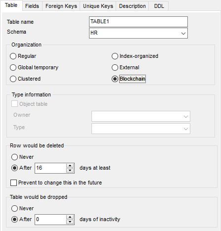 Table properties - Blockchain