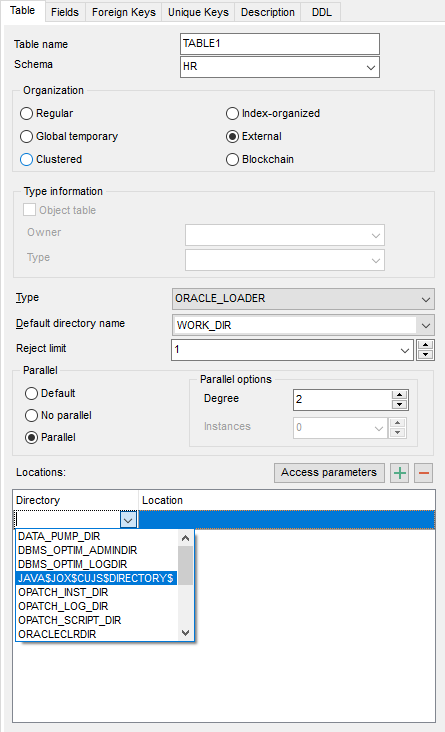 Table properties - External