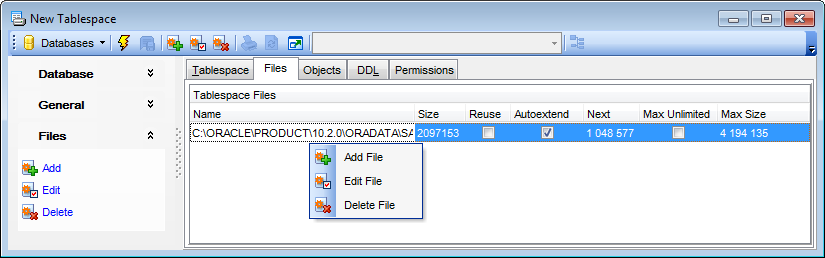 Tablespace Editor - Files