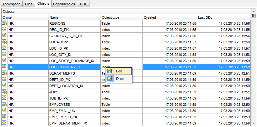 Tablespace Editor - Objects