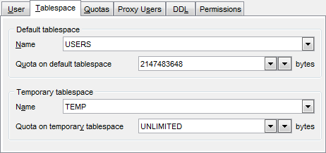 User Editor - Tablespace parameters