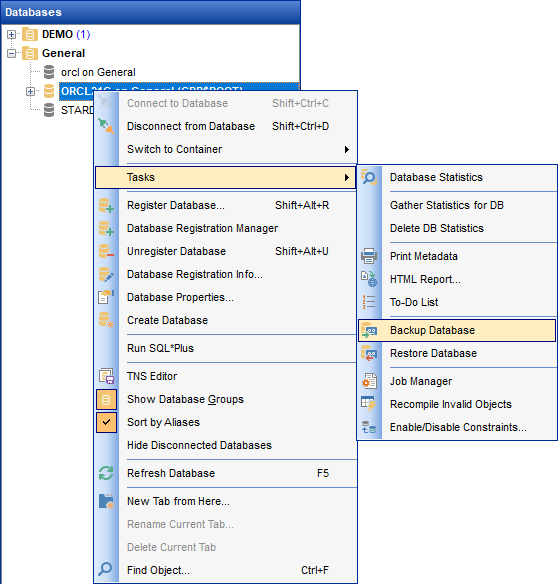 Using context menus - Database context menu