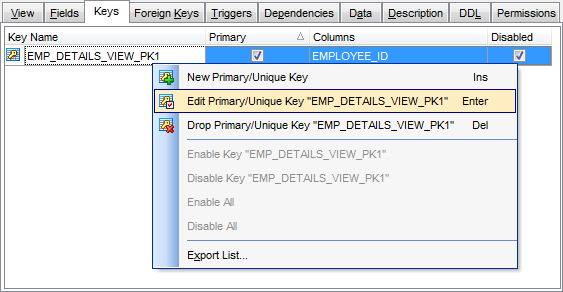 View Editor - Managing keys