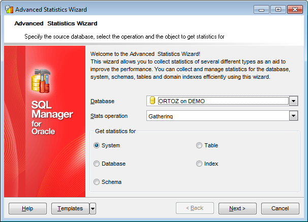 Advanced Statistics Wizard - Selecting database and stats operation