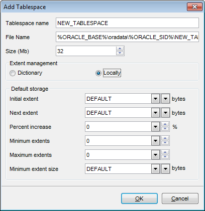 Create Database Wizard - Data storage settings - Add tablespace