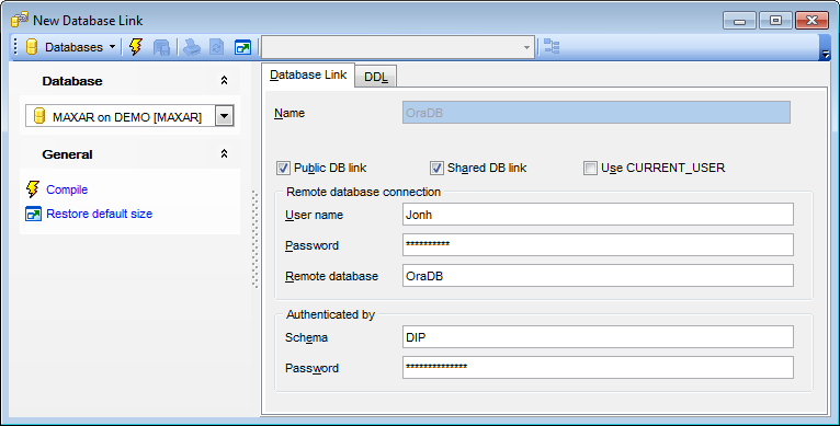 Database Link Editor - Editing Database Link definition