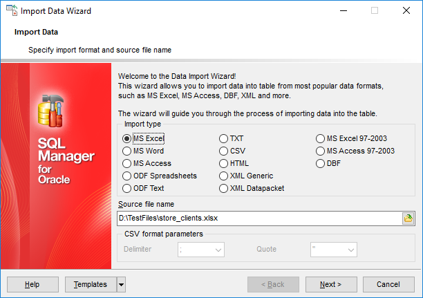 Import Data - Selecting source file name and format