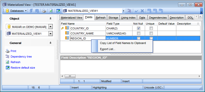 Materialized View Editor - Viewing fields