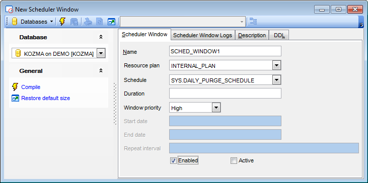 Scheduler Window Editor - Editing scheduler window definition