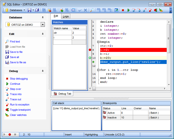 SQL Editor - Using Code Debugger