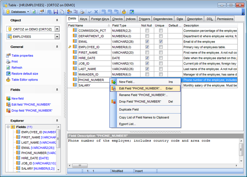 Table Editor - Managing fields