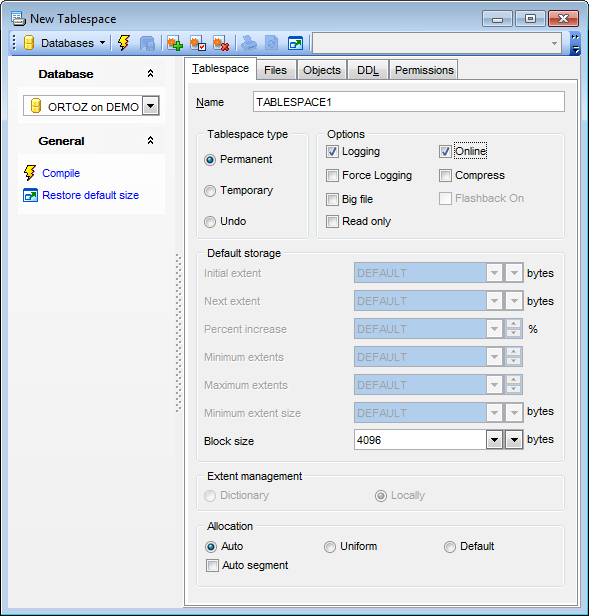 Tablespace Editor - Editing Tablespace definition