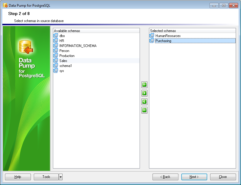 Step 2 - Selecting source schemas