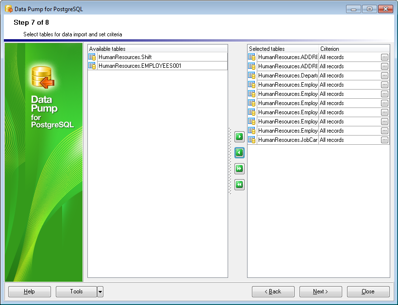 Step 7 - Selecting tables for data import