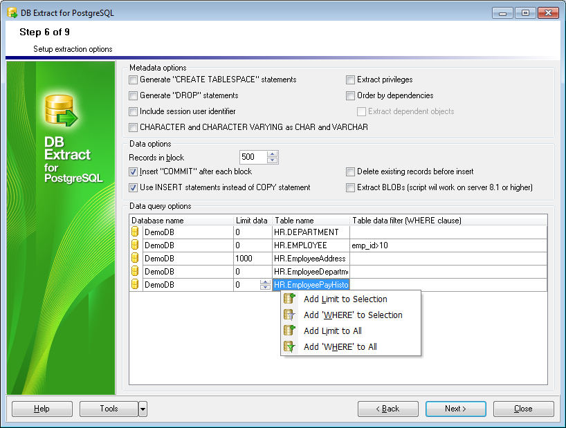 hs2113 - Step6 - Setting up extraction options