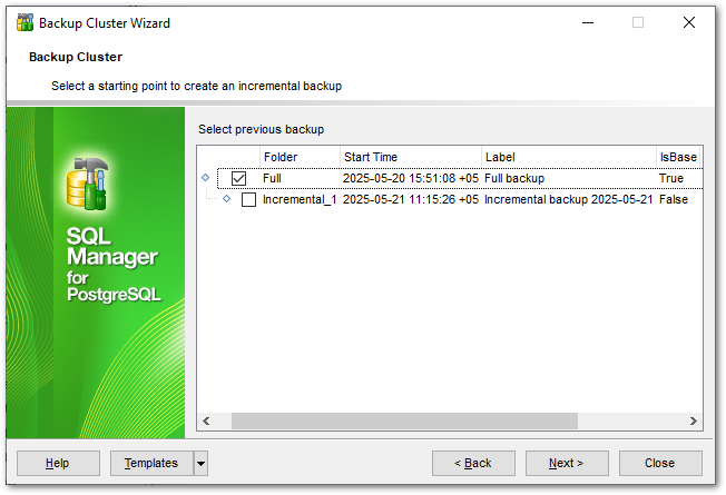 Backup Cluster - Setting additional incremental backup creation options
