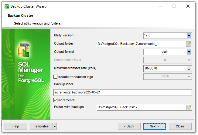 Backup Cluster - Setting incremental backup creation options