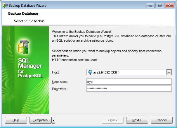 Backup Database - Selecting host