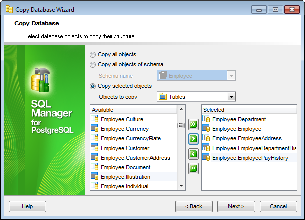 Copy Database Wizard - Selecting objects to copy their structure