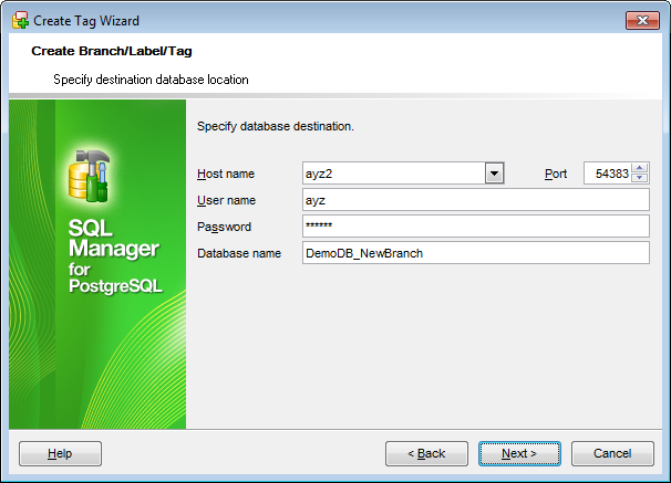 Create Branch-Label-Tag - Specify database destination