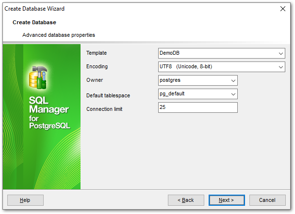 Create Database Wizard - Setting advanced database properties