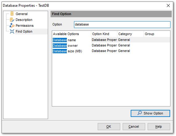 Database Properties - Find Option