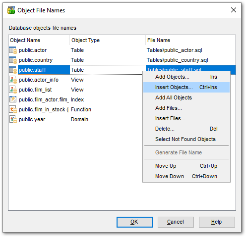 Database Registration Info - DDL to Files - Object File Names