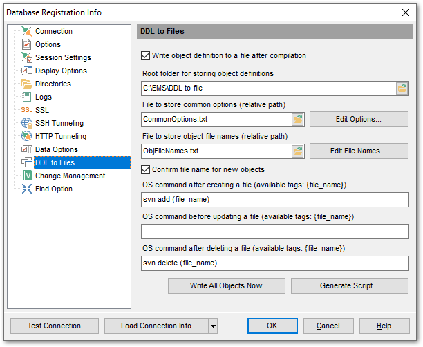 Database Registration Info - DDL to Files