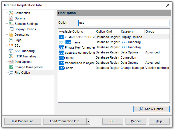 Database Registration Info - Find Option