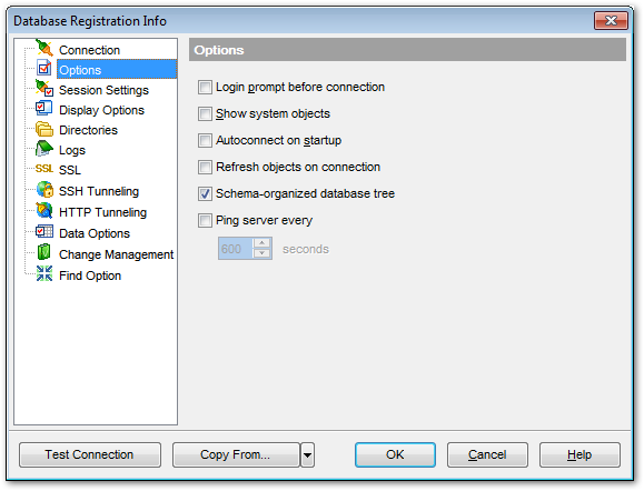 Database Registration Info - Setting common database options