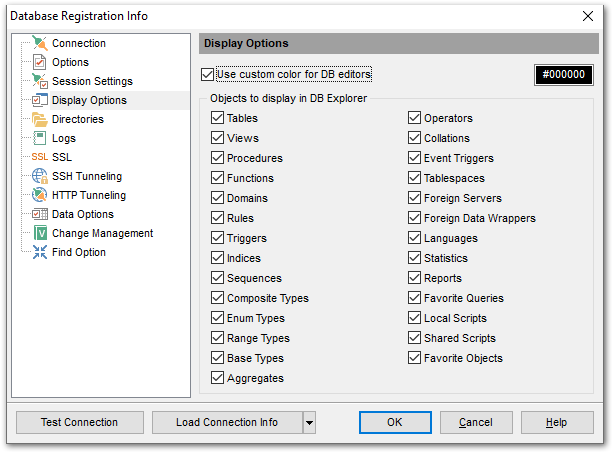 Database Registration Info - Setting display options