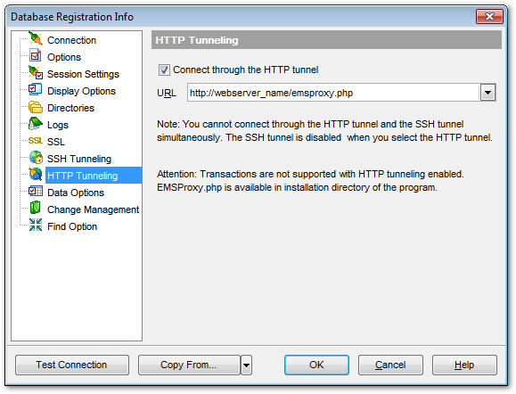 Database Registration Info - Setting HTTP tunnel options