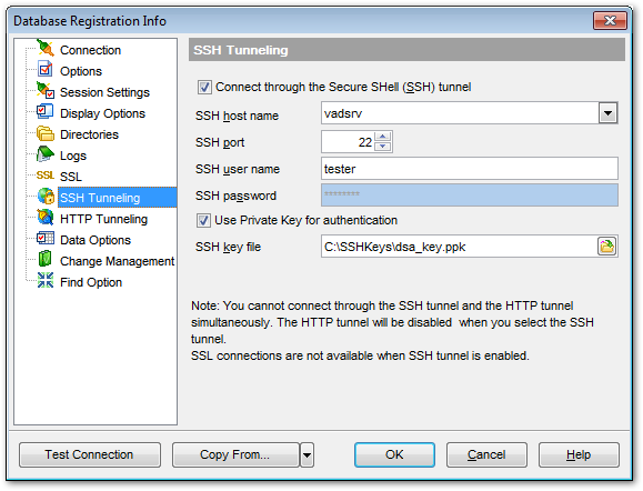 Database Registration Info - Setting SSH tunnel options