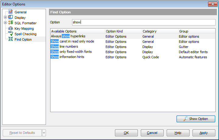 Editor Options - Find Option