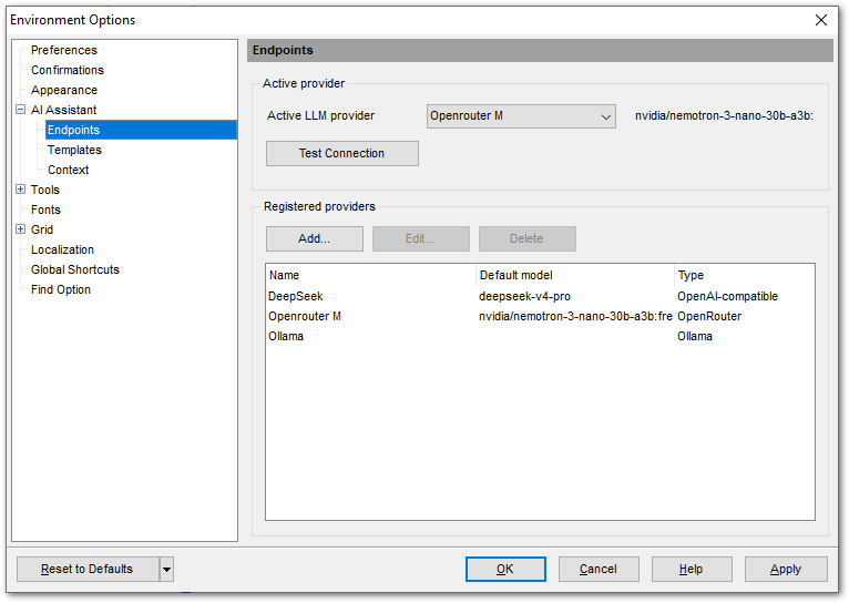 Environment Options - AI Assistant - Endpoints