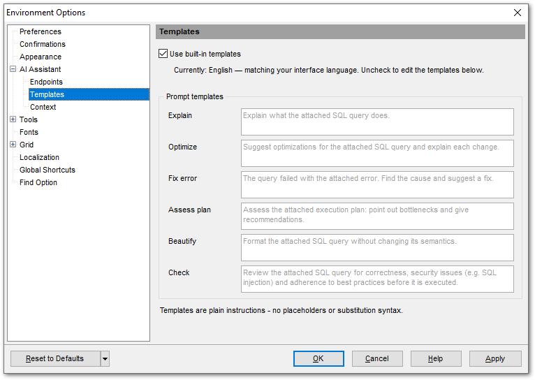 Environment Options - AI Assistant - Templates