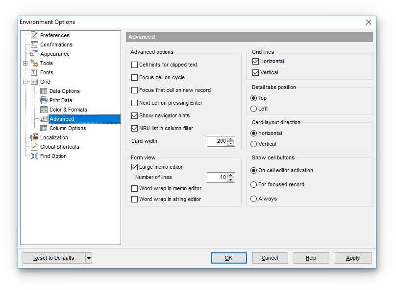 Environment Options - Grid - Advanced