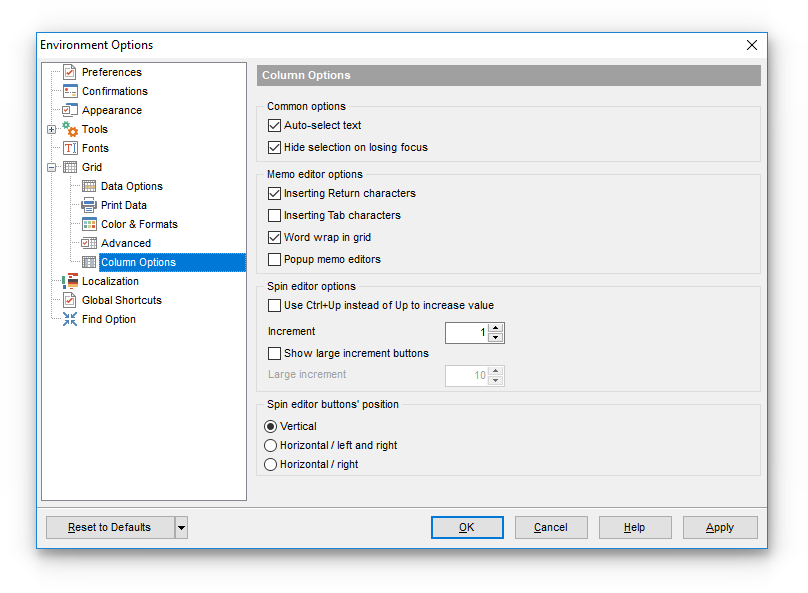 Environment Options - Grid - Column Options