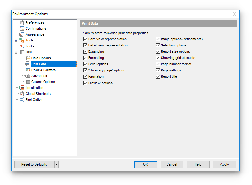 Environment Options - Grid - Print Data