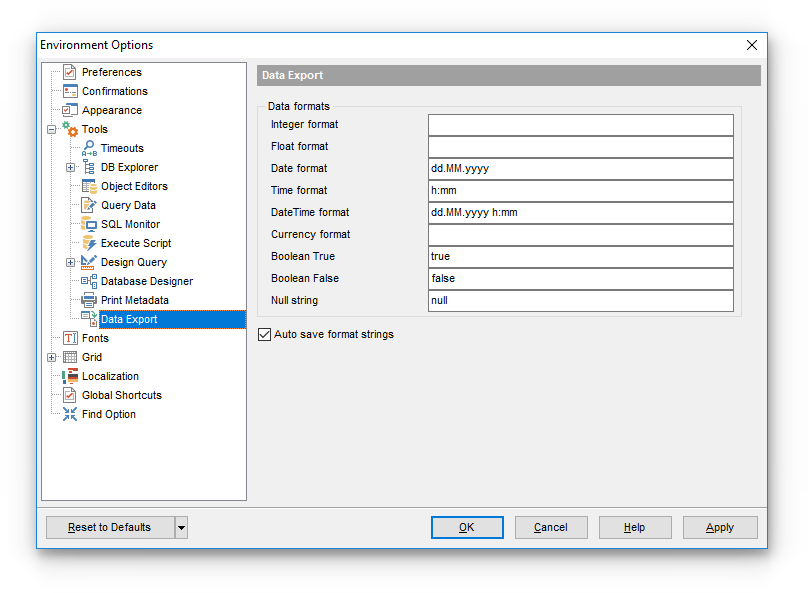 Environment Options - Tools - Data Export