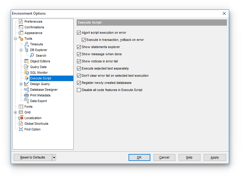 Environment Options - Tools - SQL Script