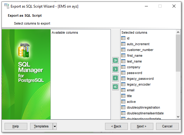 Export as SQL Script - Selecting fields to export