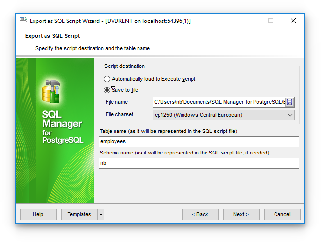 Export as SQL Script - Setting destination file name