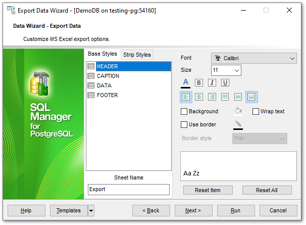 Export Data - Format-specific options - Excel 2007 - Base Styles