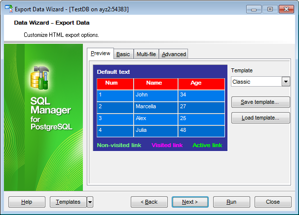 Export Data - Format-specific options - HTML