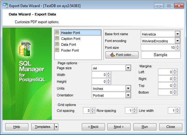 Export Data - Format-specific options - PDF