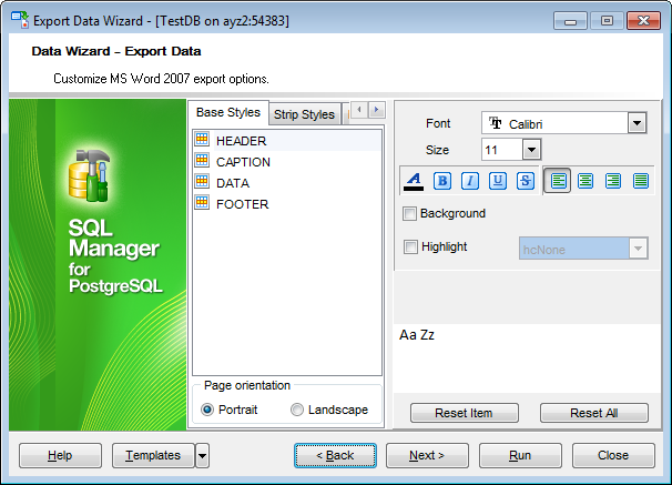 Export Data - Format-specific options - Word 2007 - Base Styles