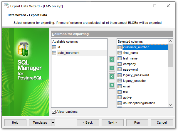 Export Data - Selecting fields for export