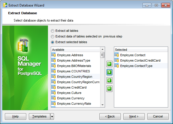 Extract Database - Selecting objects for data extraction