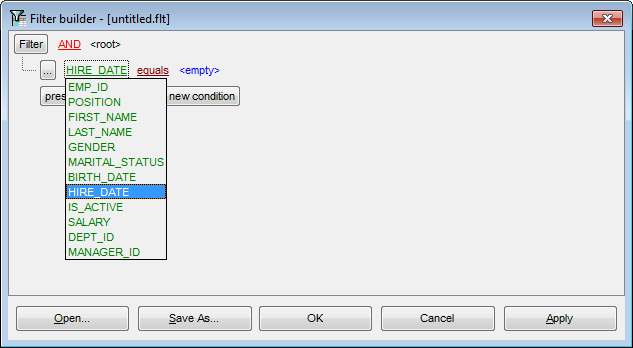 Filter Builder dialog - Setting filter criteria